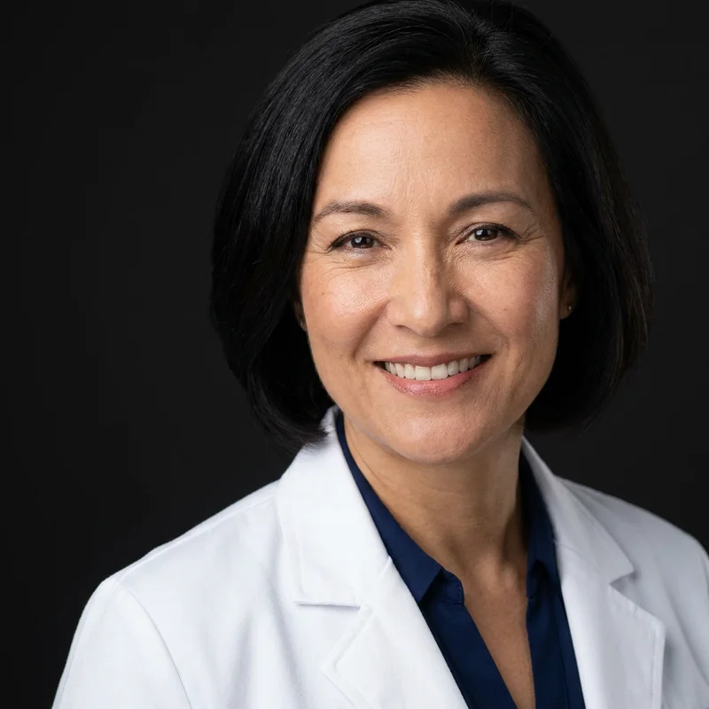 Example AI-generated headshot: a physician in a white coat against a dark background